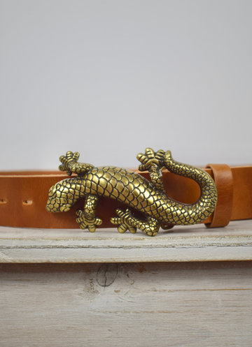 Tan leather bag strap with bronze salamander with lizard buckle