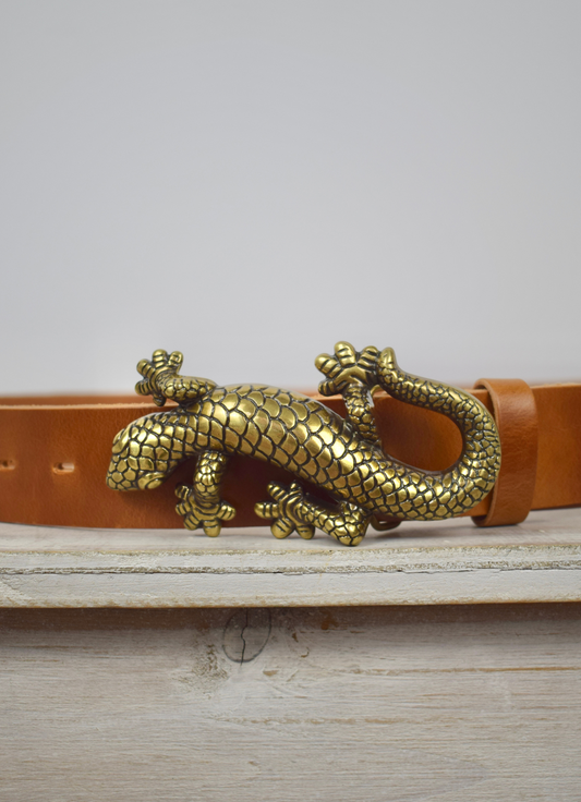 Tan leather bag strap with bronze salamander with lizard buckle