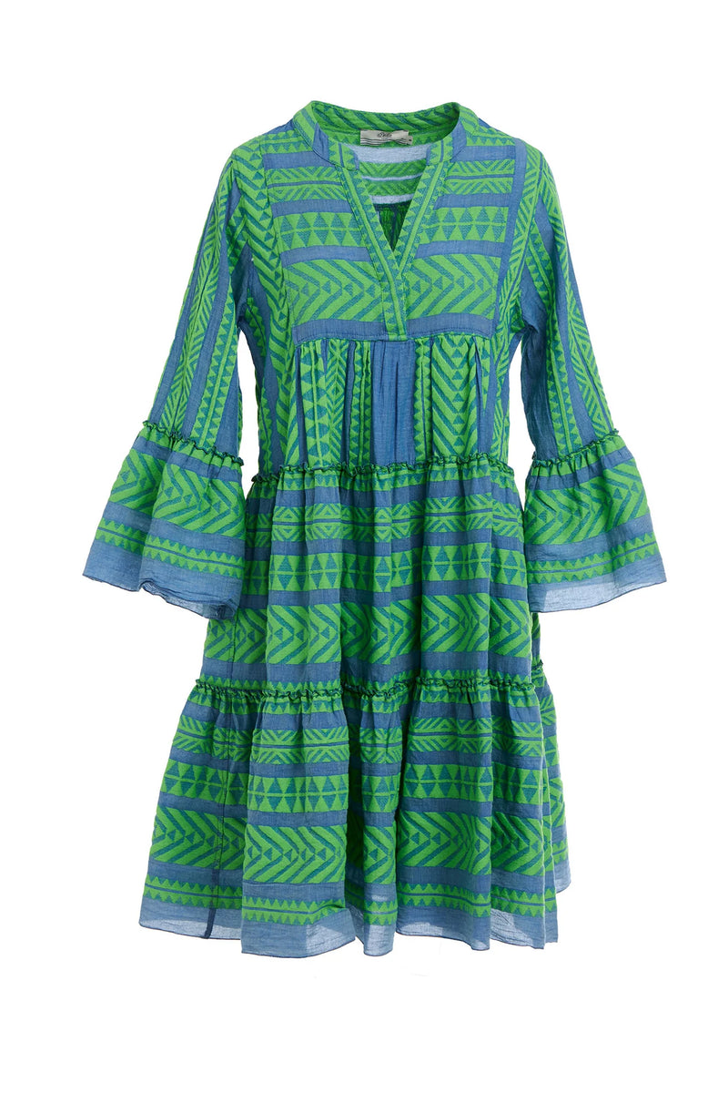 Denim blue base midi dress with panelled skirt and fluted bracelet length sleeves with green geometric all over embroidery