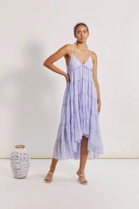 Blue/ purple strappy dress with ruffles on model 