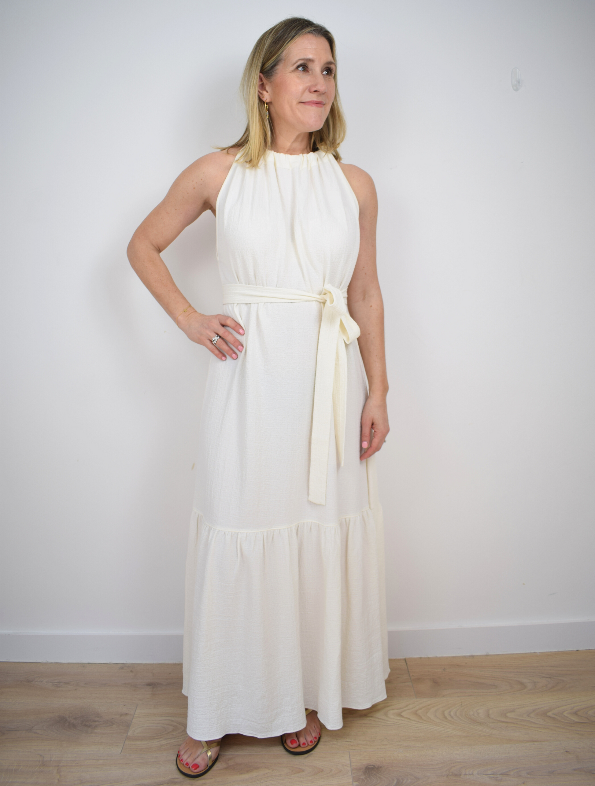 Long v neck white dress with tie belt