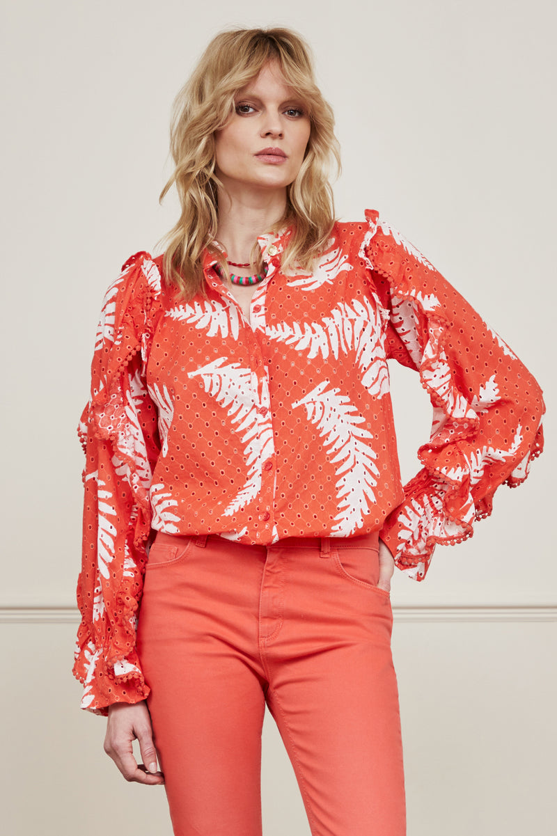 Hot coral embroidery anglais shirt with a leaf print