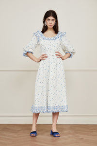 White and blue embroidery anglais dress with 3/4 length sleeves