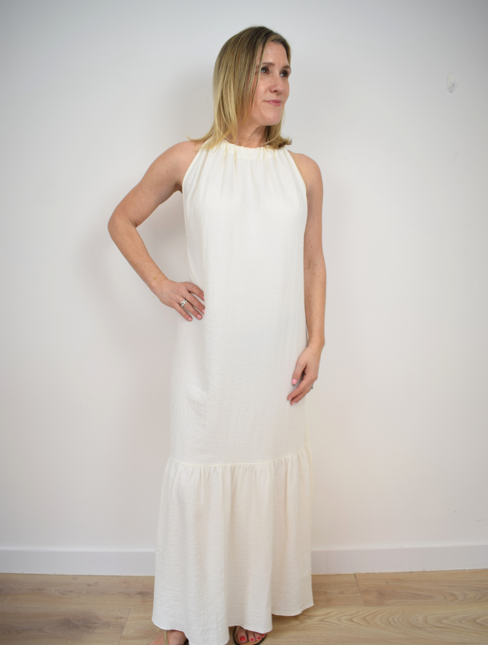 Long v neck white dress with tie belt