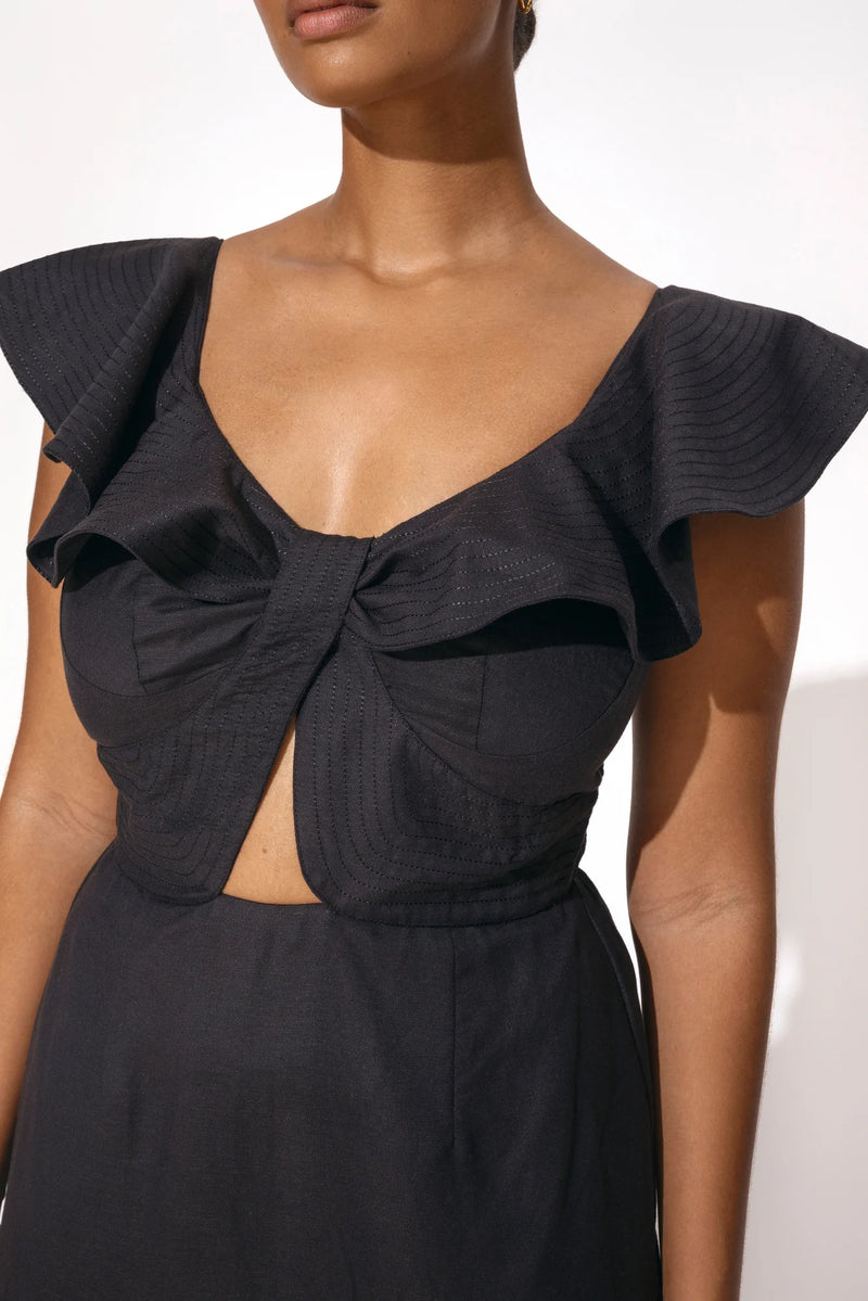 Black summer midi dress with cut out under the bust and frills over the shoulders