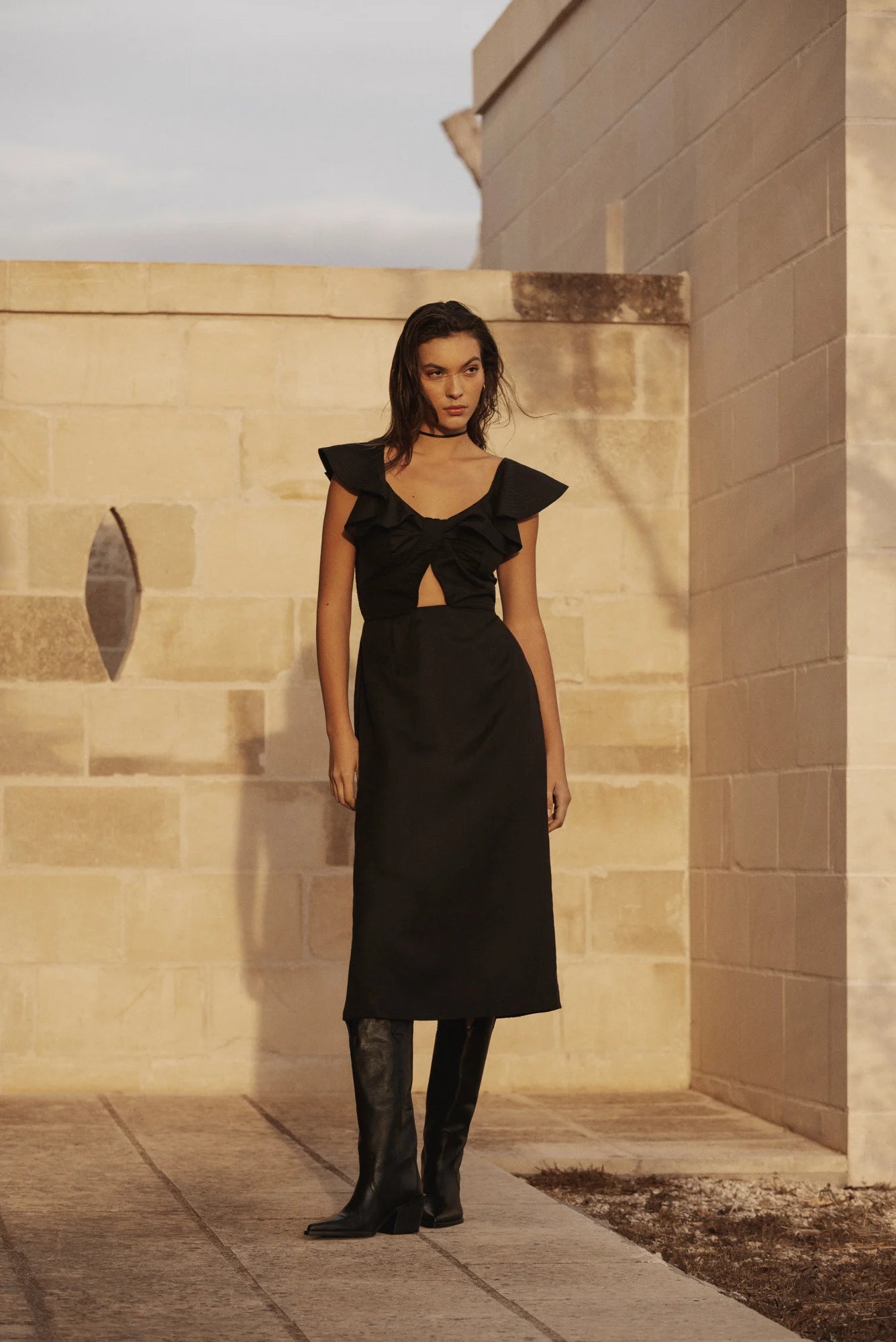 Black summer midi dress with cut out under the bust and frills over the shoulders