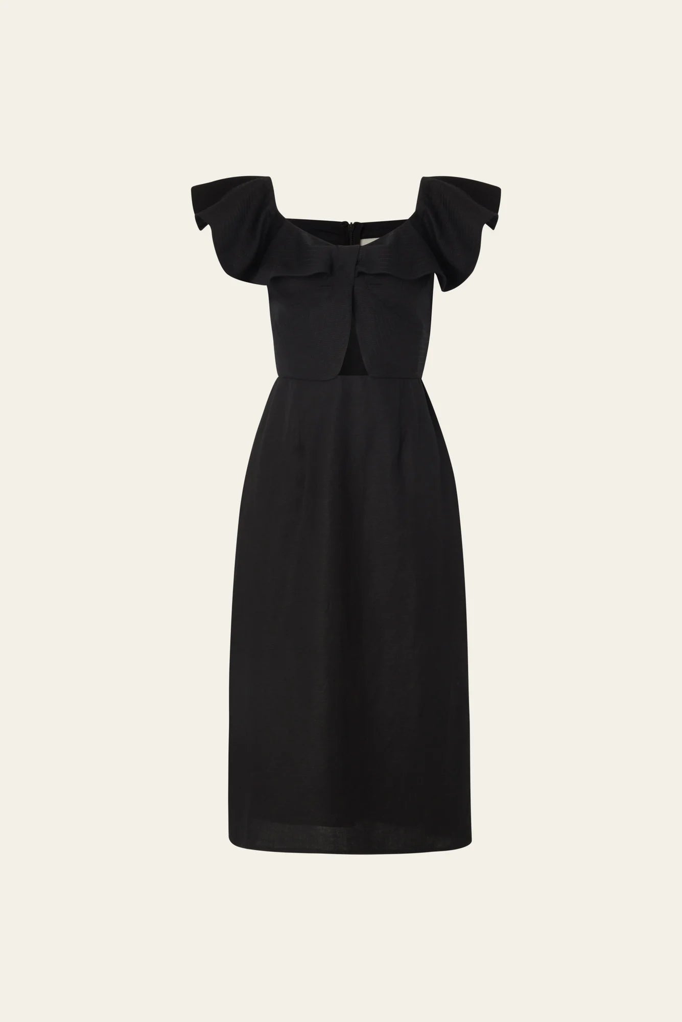 Black summer midi dress with cut out under the bust and frills over the shoulders