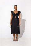 Black summer midi dress with cut out under the bust and frills over the shoulders