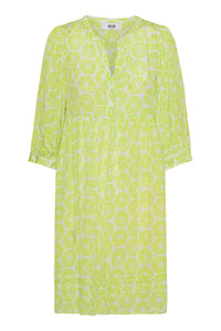 Zesty lime green print midi dress with V neck. and tie and three quarter length puff sleeves