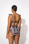 High waisted bikini bottoms in taupe with black and ecru folk inspired motif print and drawstring sides