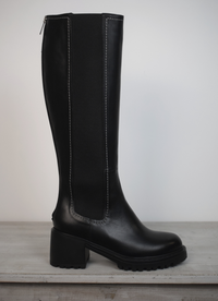Black knee high boot with white edging and block heel 