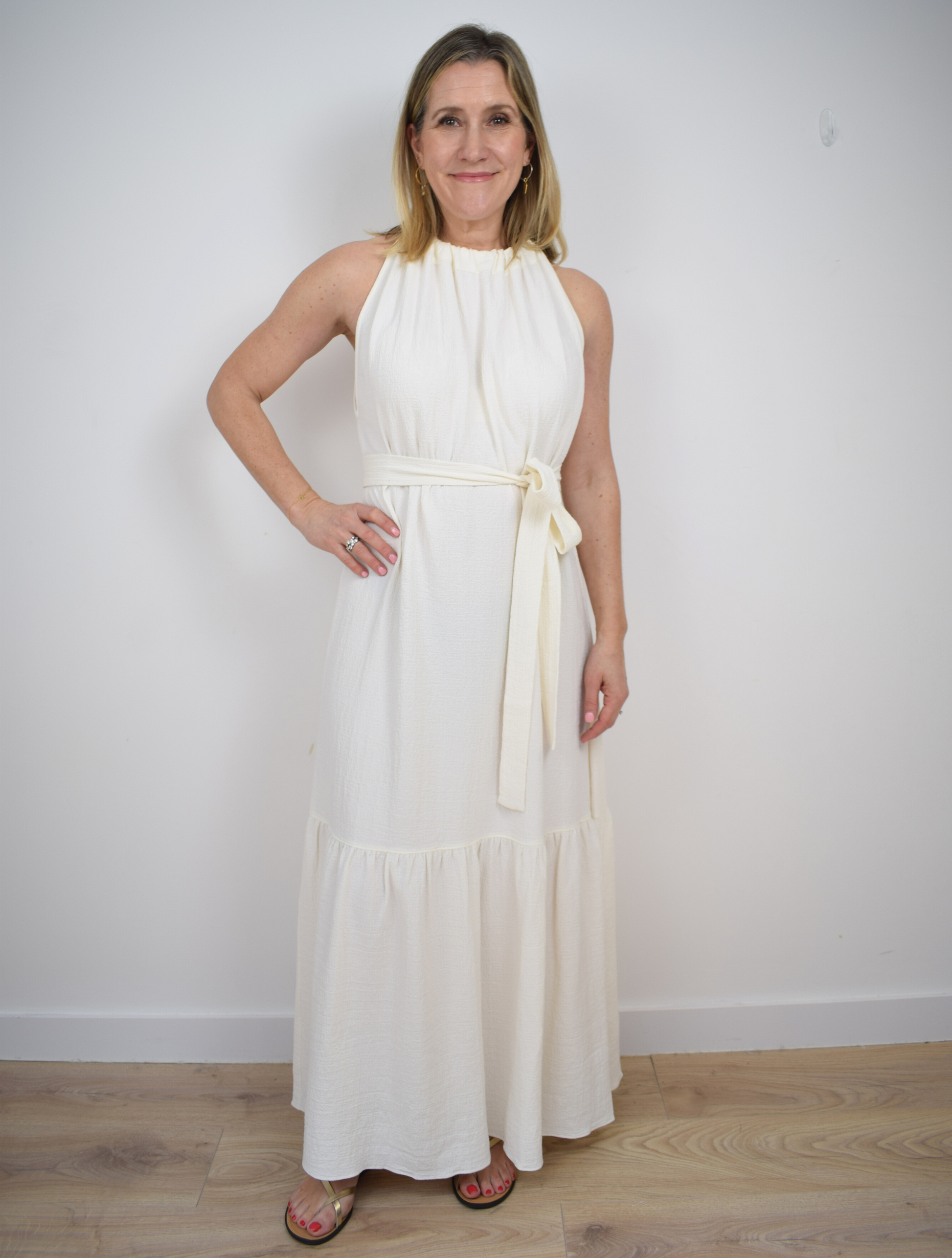 Long v neck white dress with tie belt