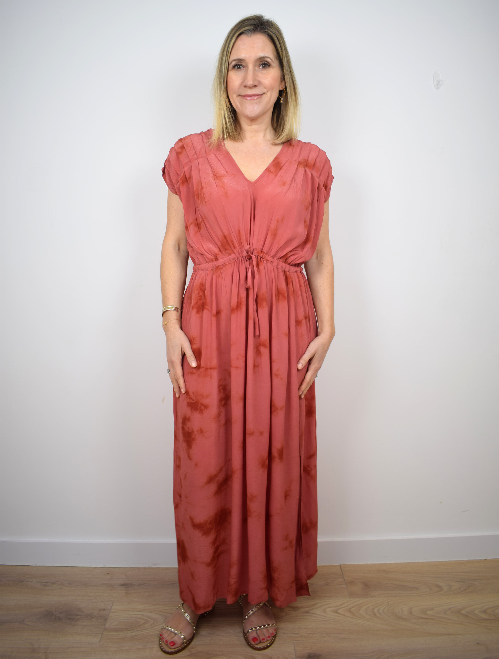 red tie dye dress with draw string waist 