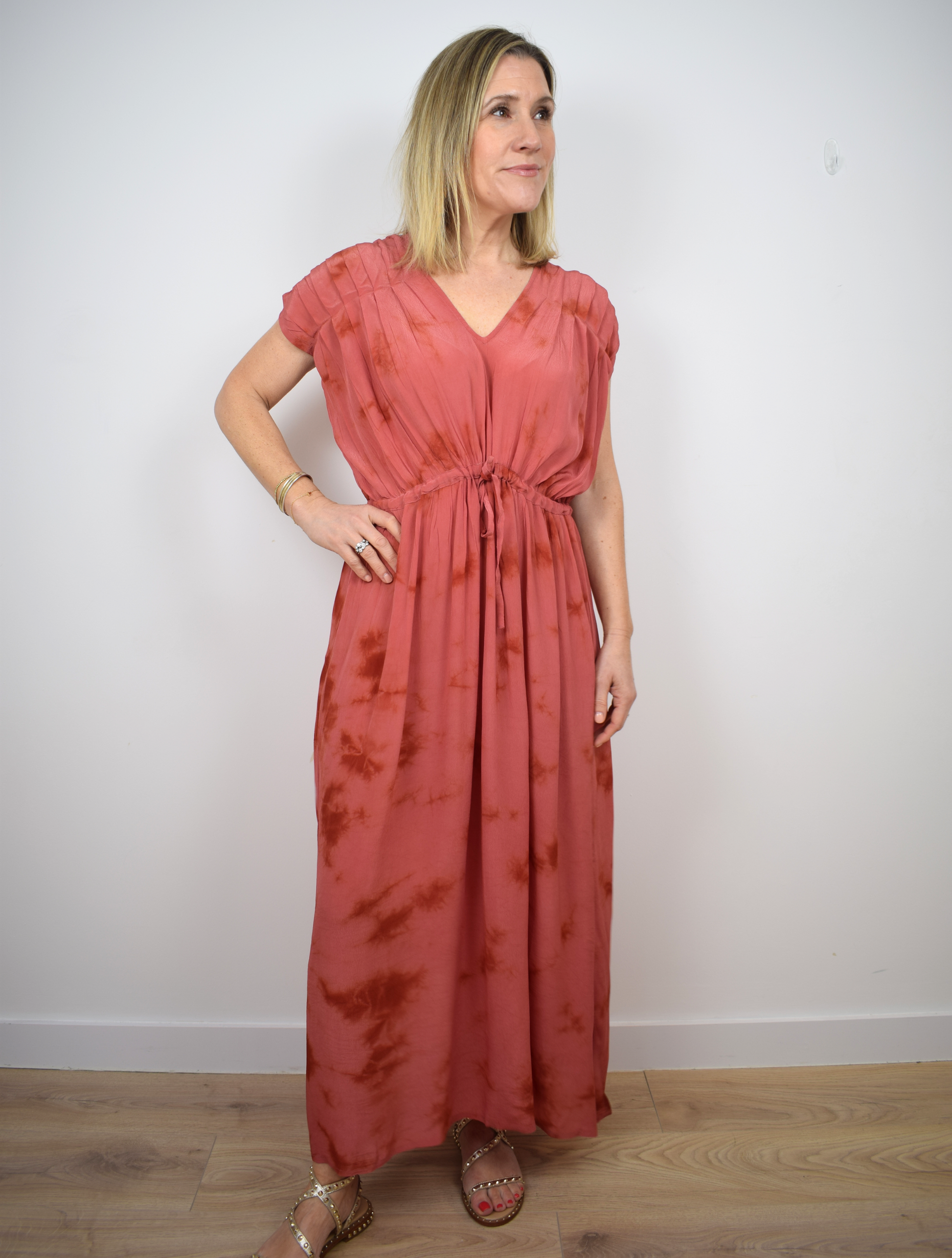 red tie dye dress with draw string waist