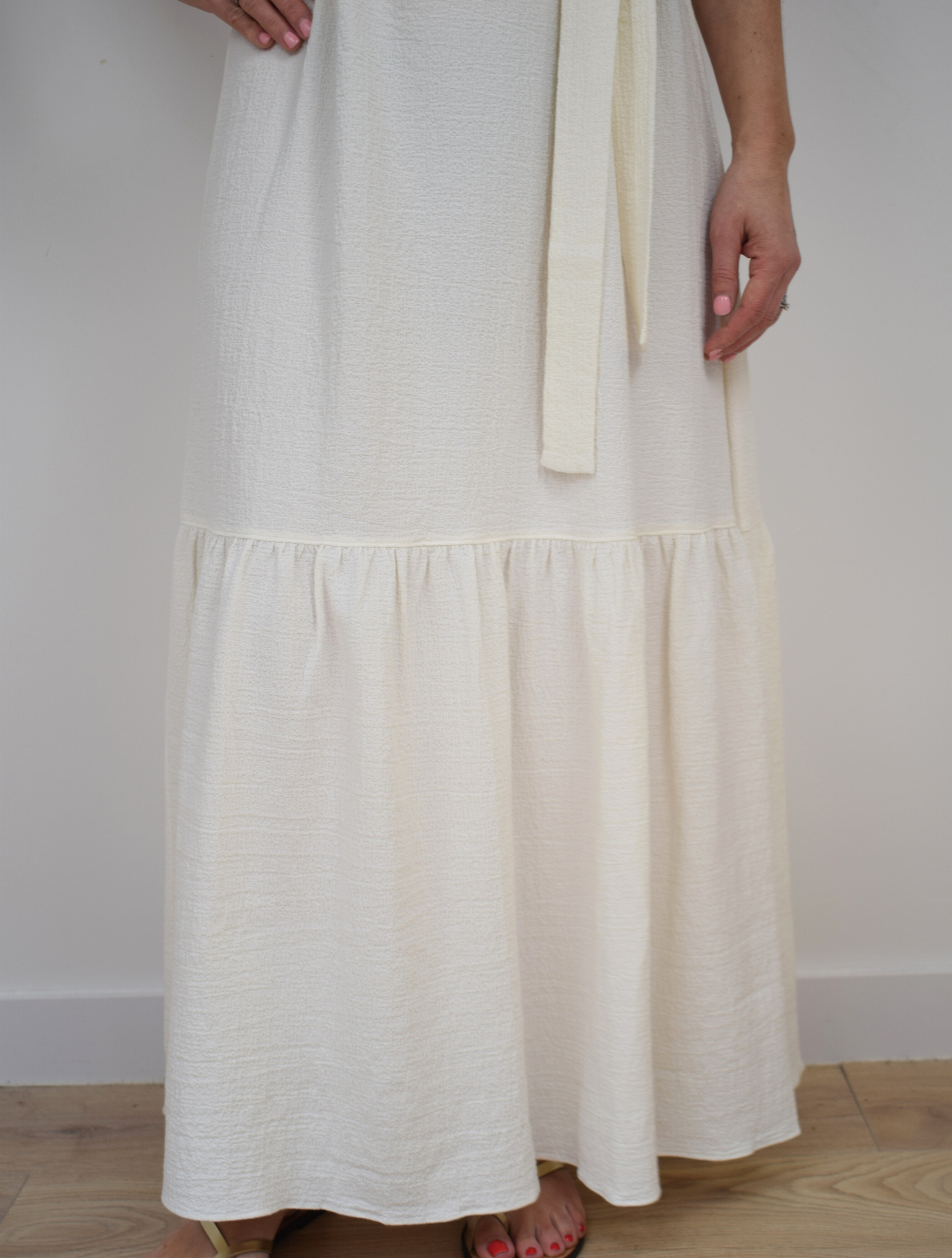 Long v neck white dress with tie belt