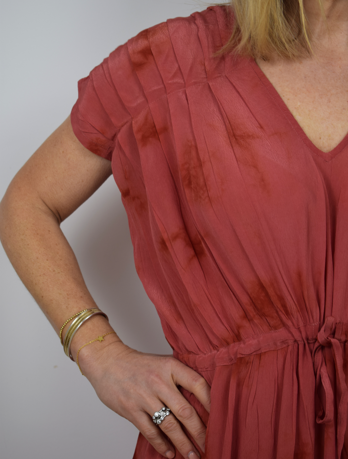 red tie dye dress with draw string waist