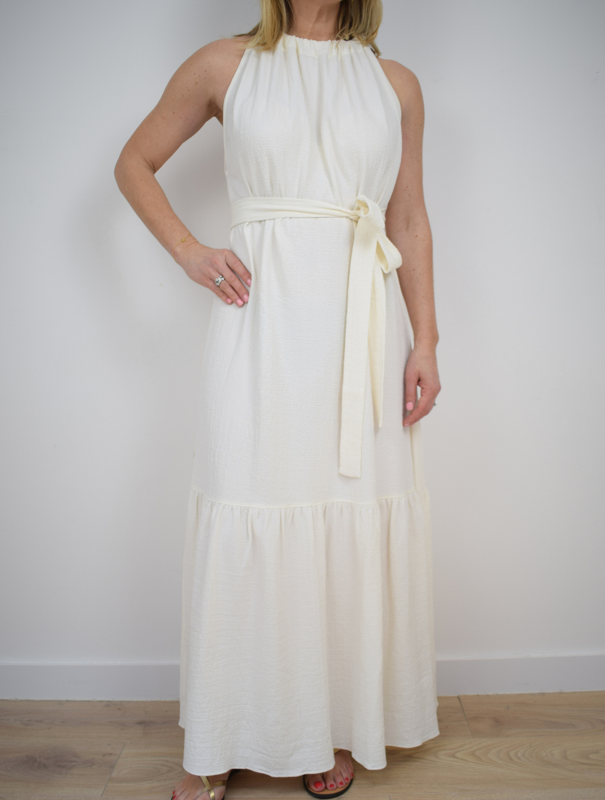 Long v neck white dress with tie belt