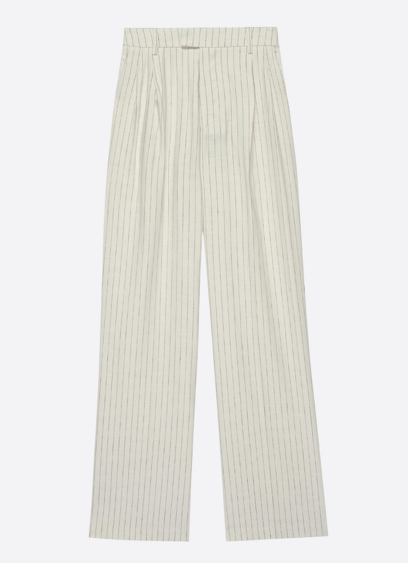 Wide leg ivory and navy pinstripe tailored wide leg trousers