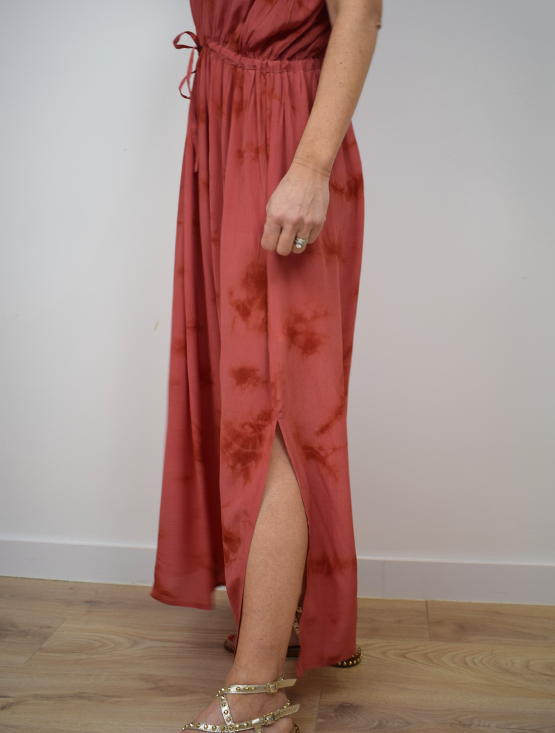red tie dye dress with draw string waist