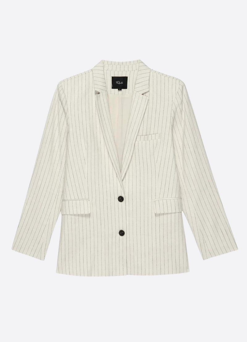Ivory and navy pinstripe single breasted blazer with two brown button fastening and light shoulder pads