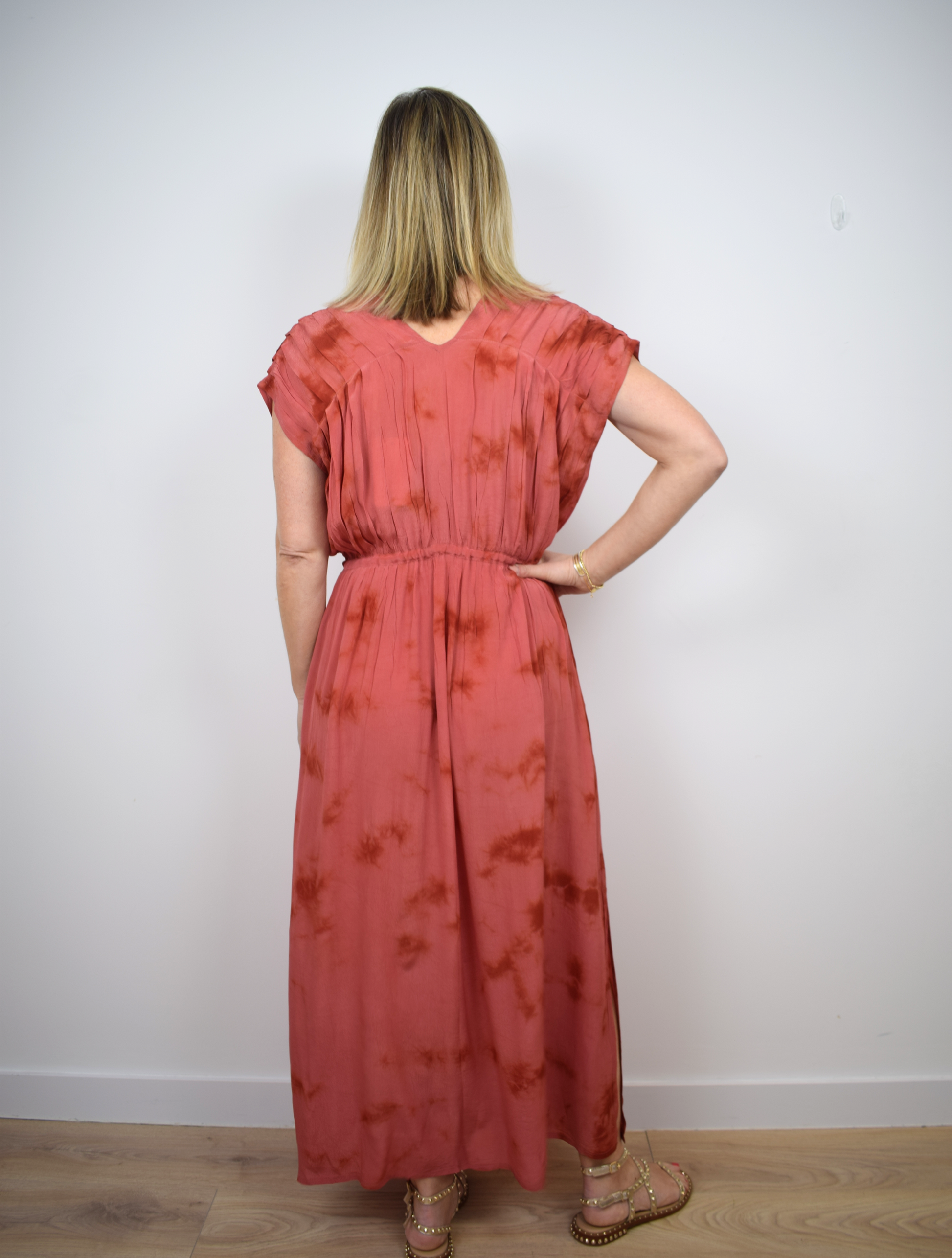 red tie dye dress with draw string waist