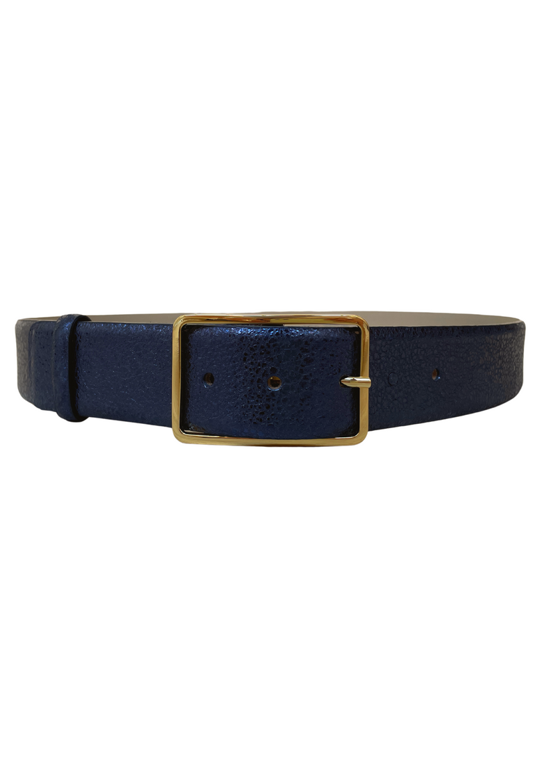Metallic navy crackle soft leather belt with square gold buckle.