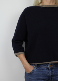 Navy boxy fit jumper with taupe trim three quarter length sleeves and five mother of pearl buttons at the back