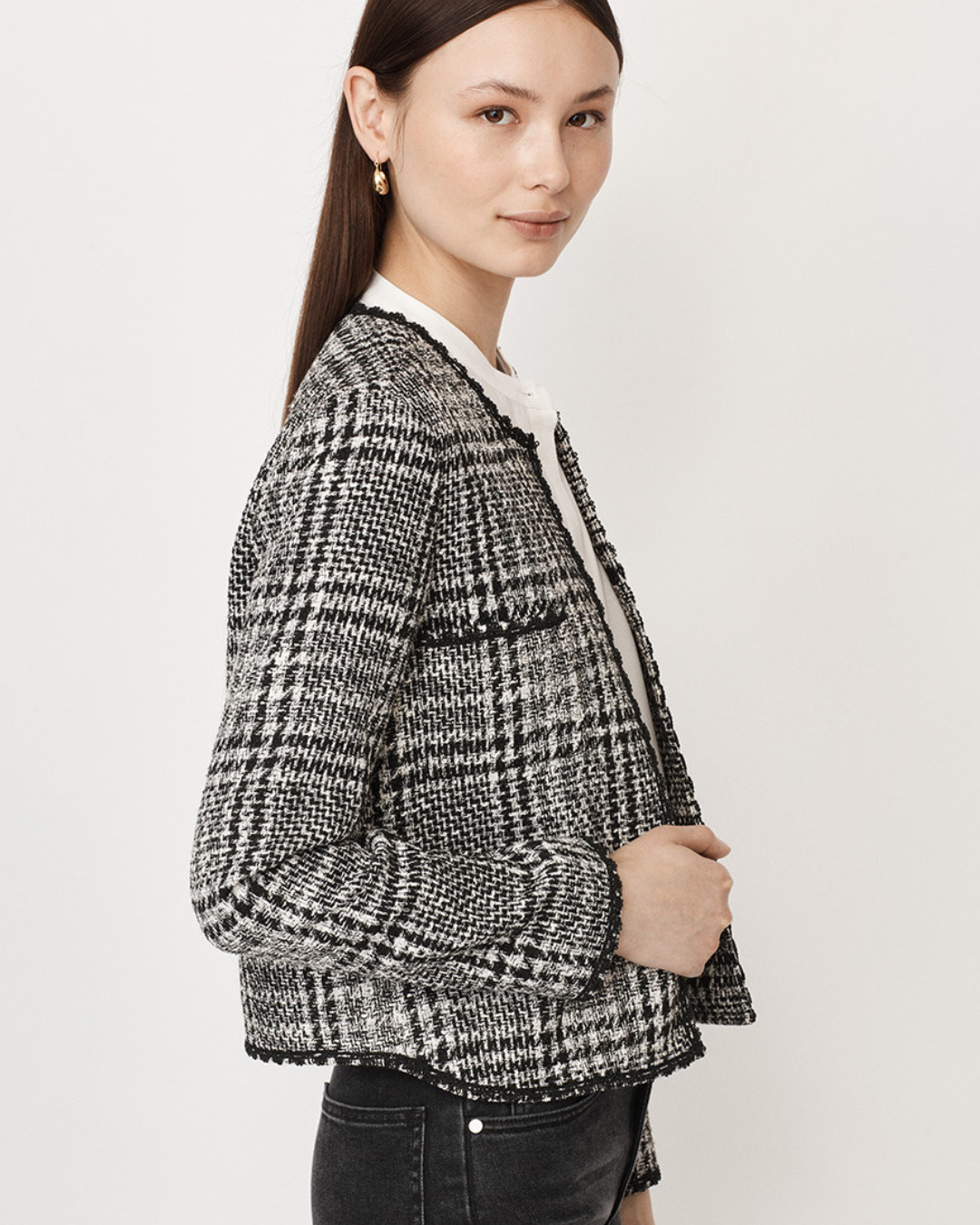 Black and white woven check collarless blazer with 4 pocket detail\