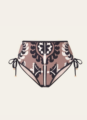 High waisted bikini bottoms in taupe with black and ecru folk inspired motif print and drawstring sides