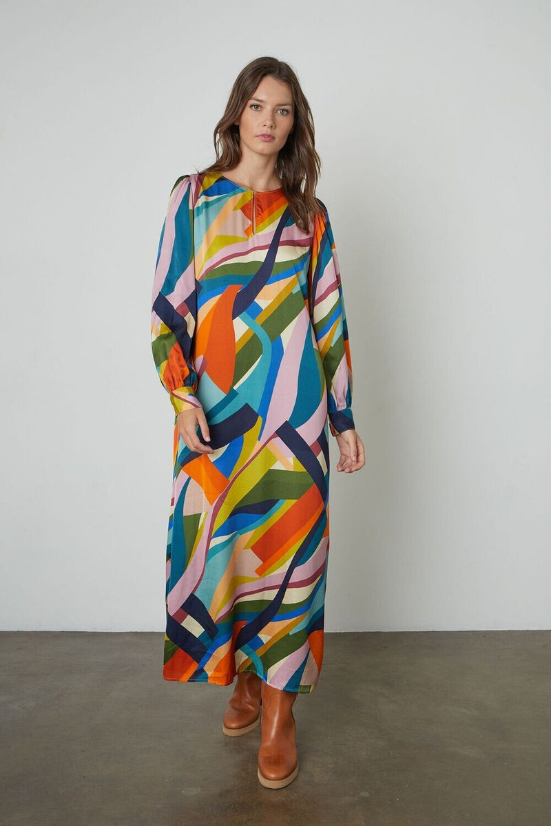 Long sleeve round neck dress in abstrast multi print