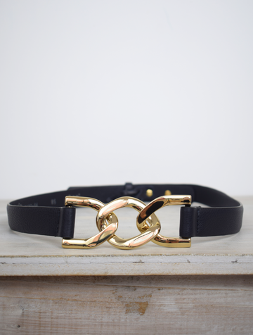 Black link chain belt with gold metallic hardware