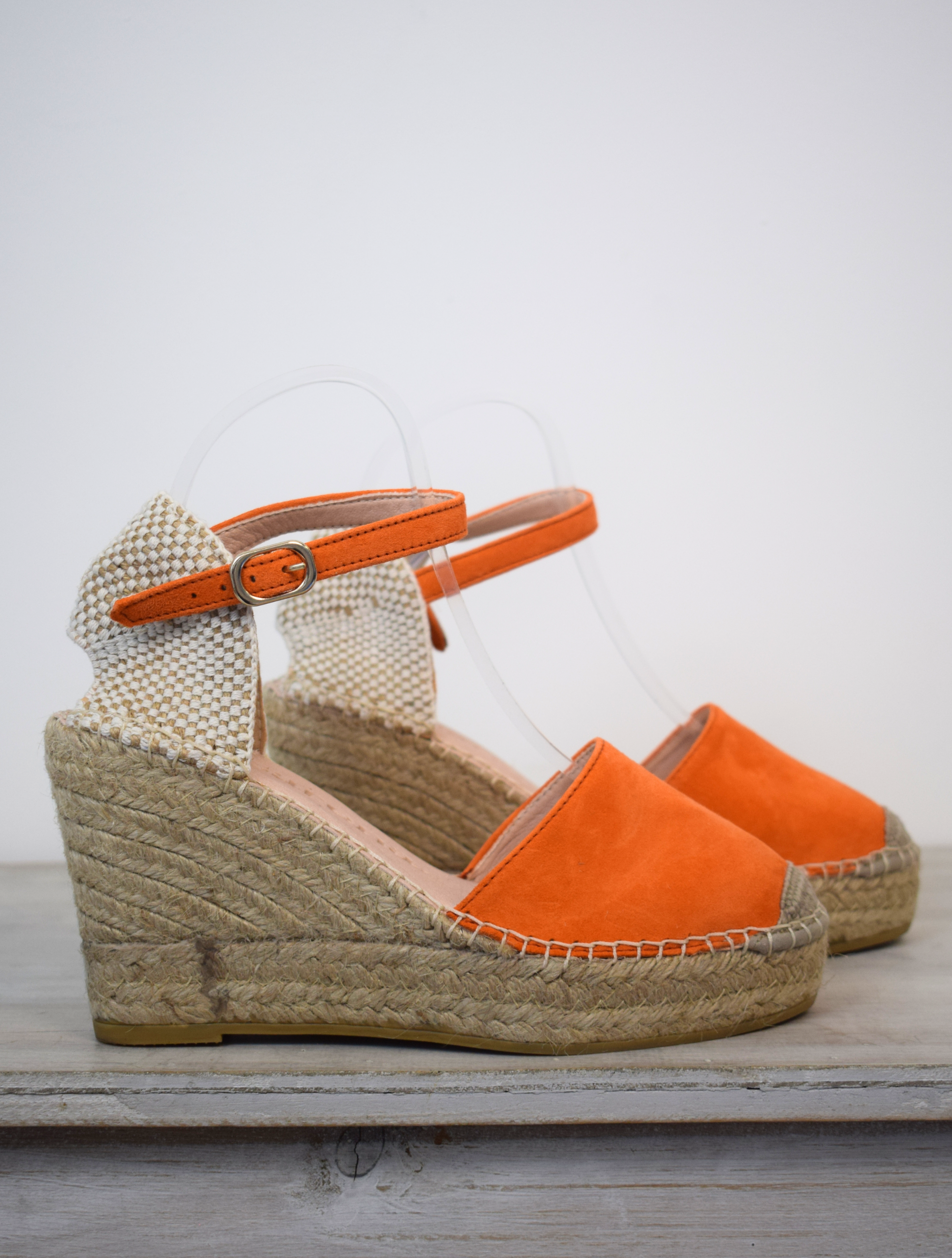 Orange suede espadrille with high heel and suede ankle strap