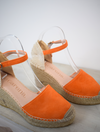 Orange suede espadrille with high heel and suede ankle strap