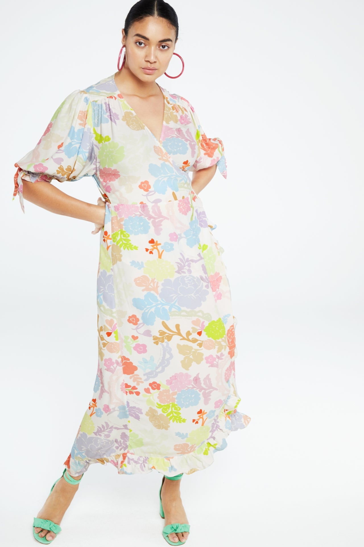 Multi colour on ecru wrap dress with short sleeves and tie cuffs