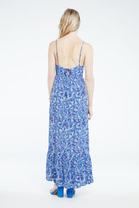 Blue tropical print strappy midi dress with deep tiered hem