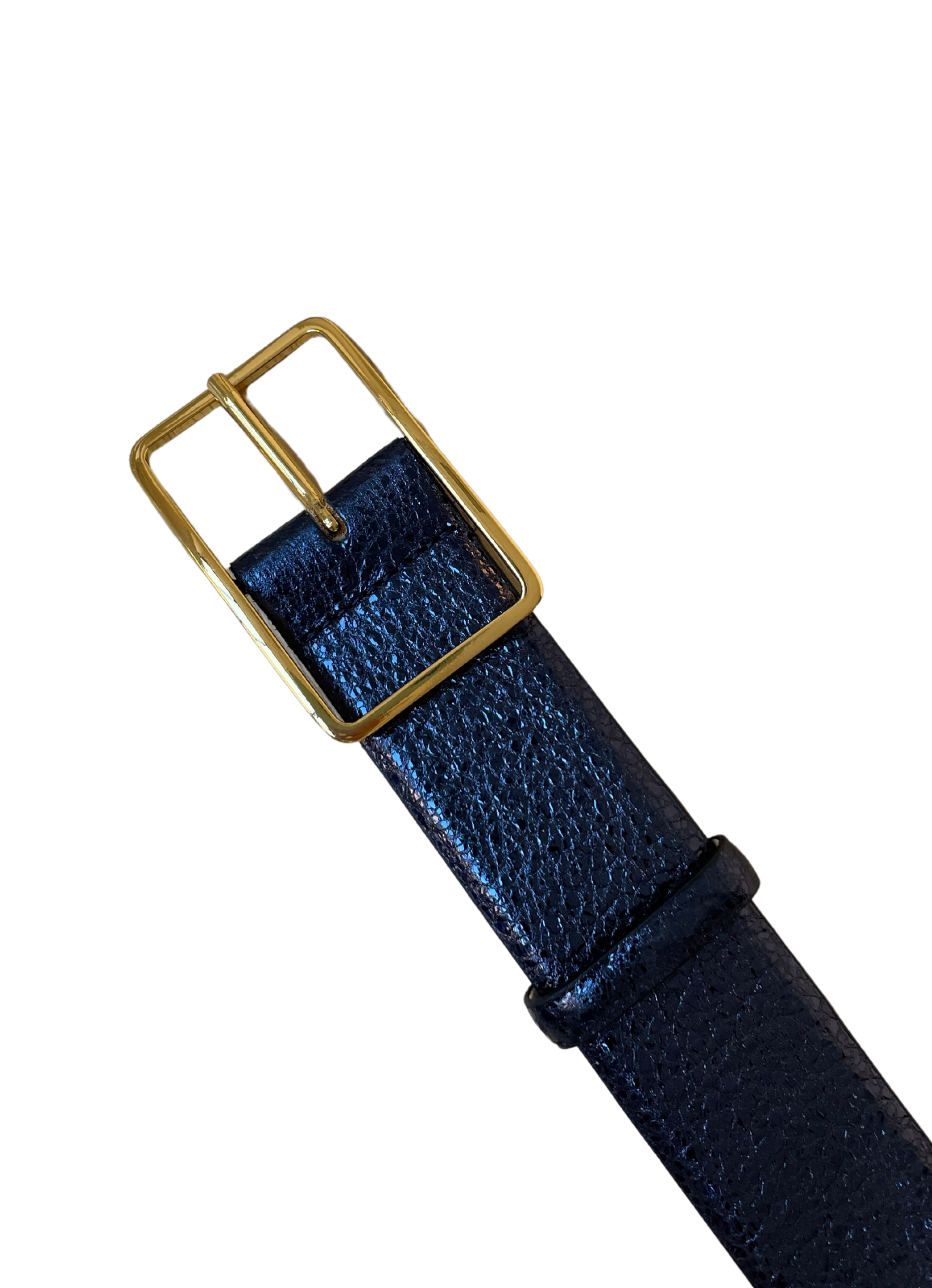 Metallic navy crackle soft leather belt with square gold buckle.