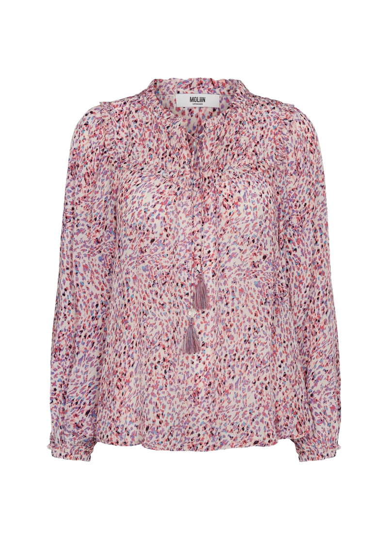 Ditsy print pink and blue pull on top with tiny ruffle collar long sleeves and a tie neckline