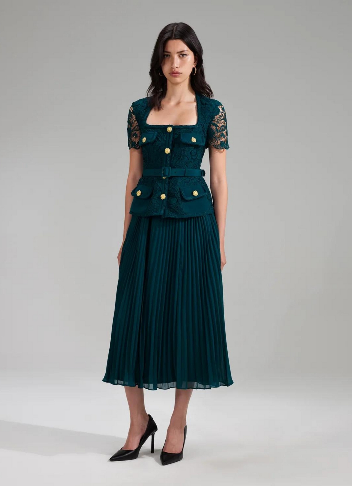 Teal dress with short lace sleeves gold hardware and pleated chiffon midi skirt and detachable belt