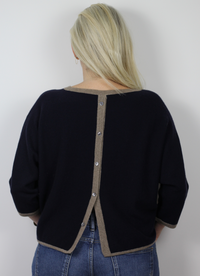 Navy boxy fit jumper with taupe trim three quarter length sleeves and five mother of pearl buttons at the back