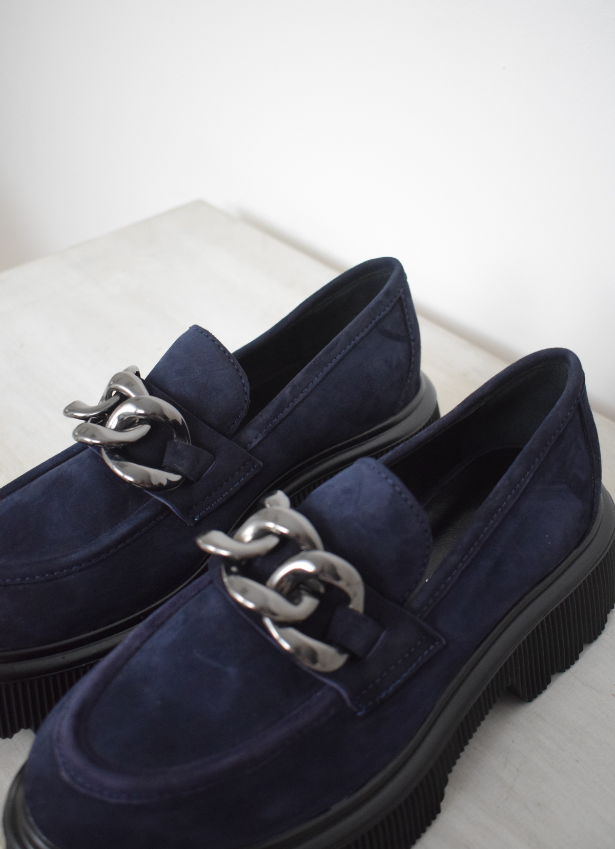 Navy loafer with gold chain detail 