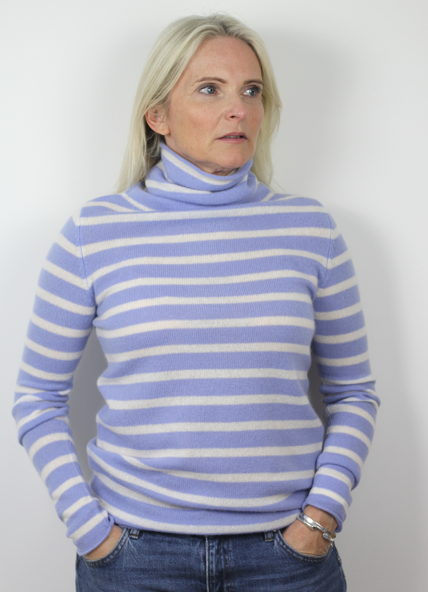 Blue and ecru stripe cashmere knit 