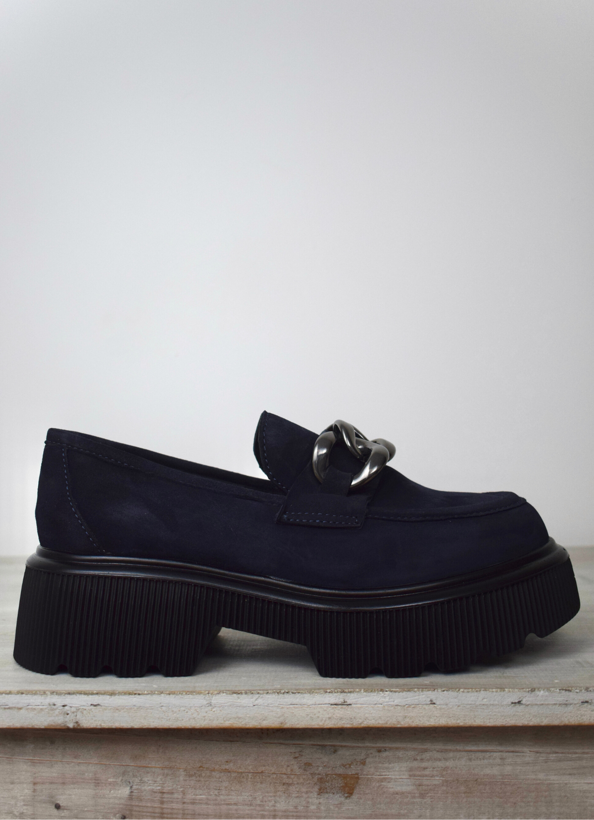 Navy loafer with gold chain detail 