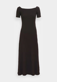 Chocolate brown ribbed jersey dress with a wide neck