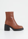 Cognac brown leather boots with a black block heel