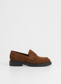 Brown suede penny loafer