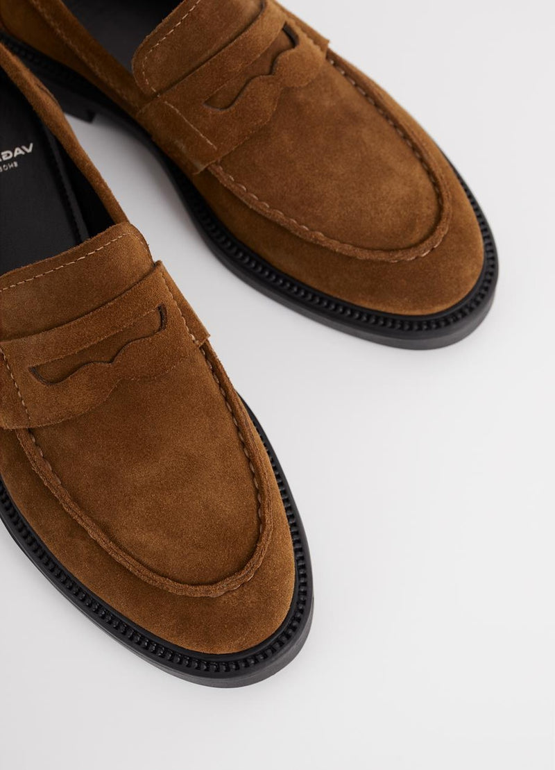 Brown suede penny loafer
