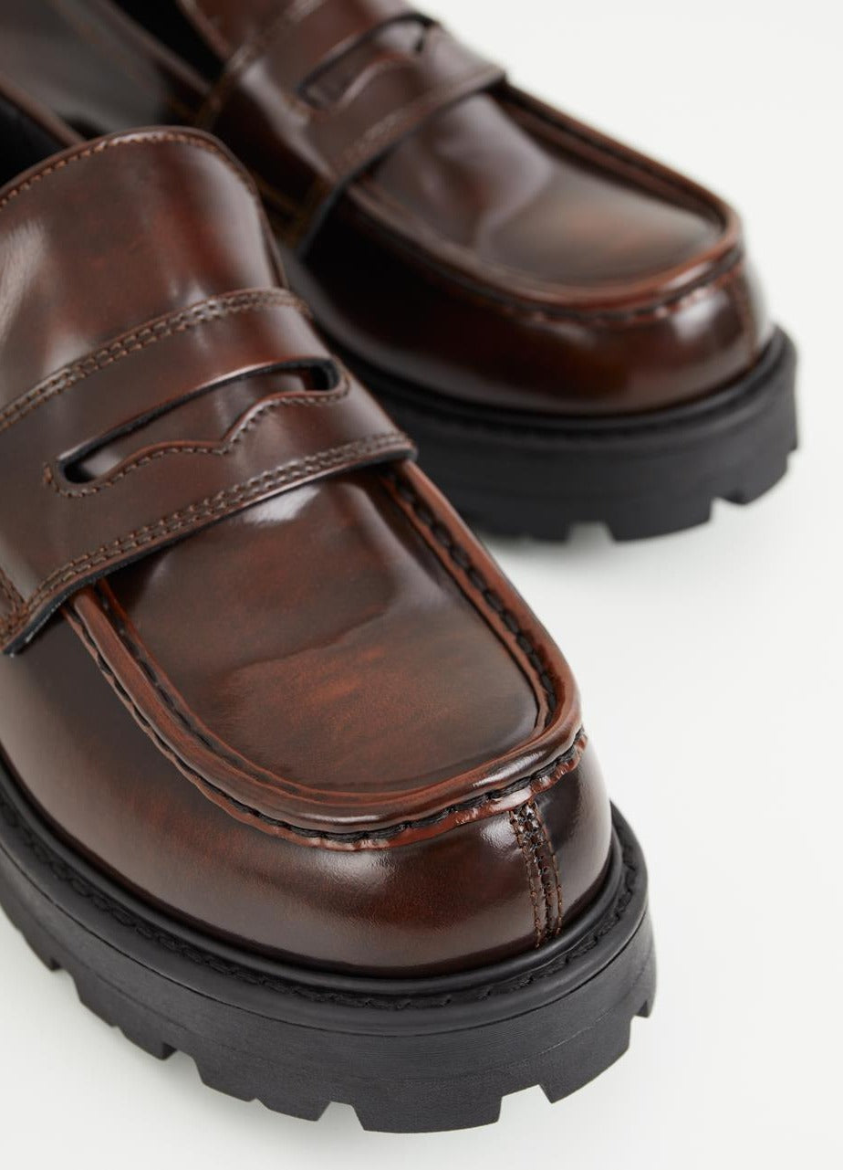 Brown polished chunky penny loafer