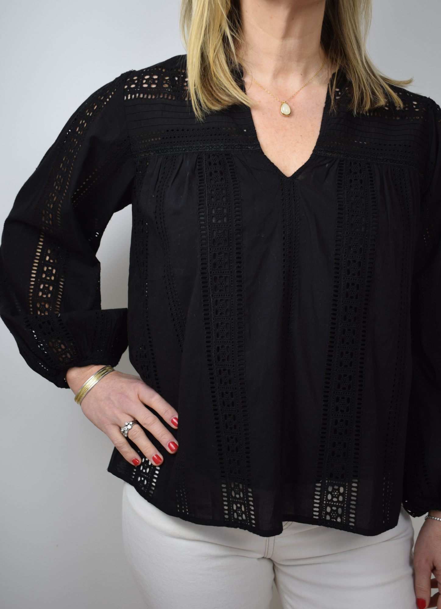 Black v neck blouse with broiderie anglaise 
