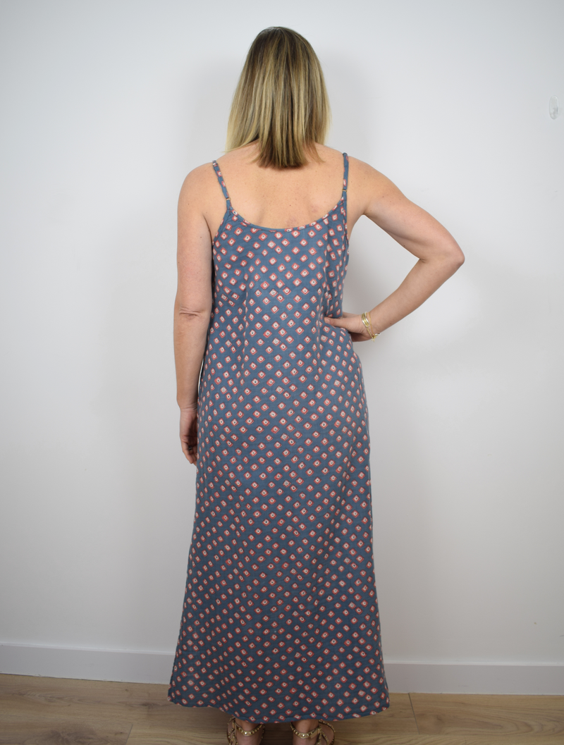 Blue patterned long scrappy dress 