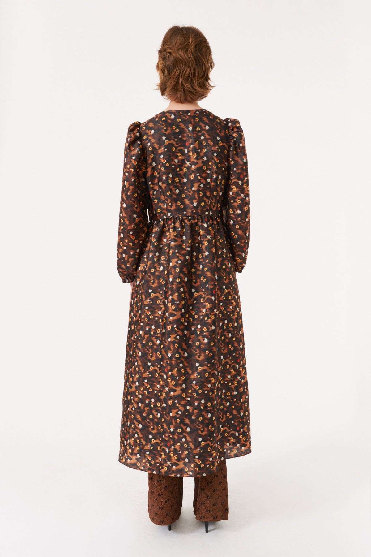 Midi dress with brown ditsy floral print